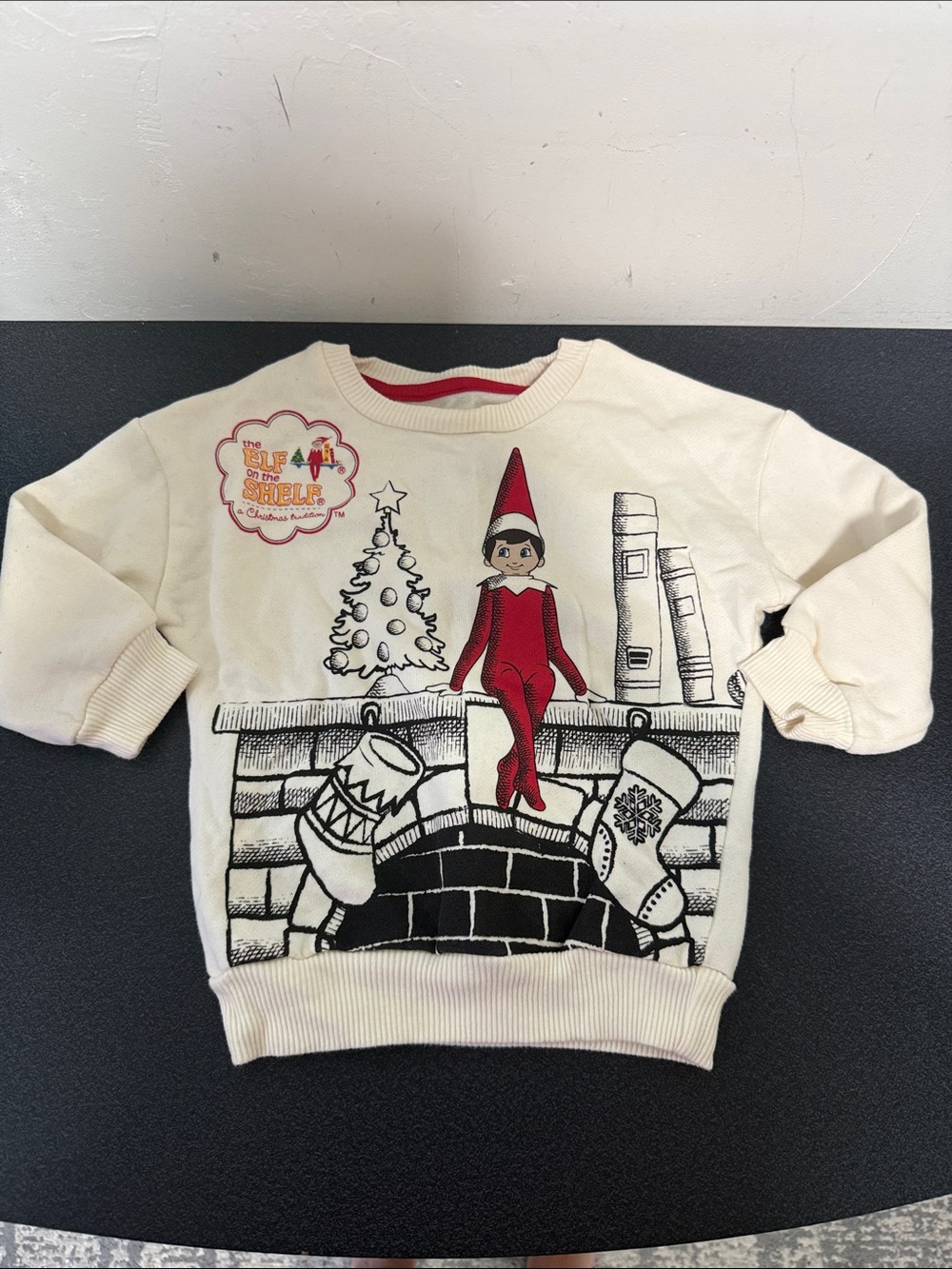Cream Elf on the Shelf Holiday Sweatshirt with Red Elf